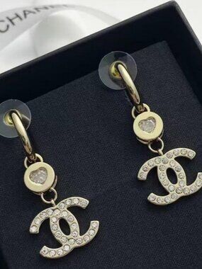 CHANL Hollowed-out Gold Bean Rhinestone Double C Hook Earrings